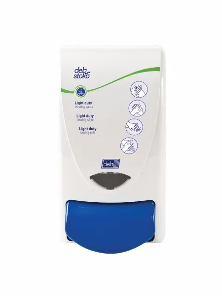Deb Stoko Cleanse Light -annostelija puhdistavalle kermasaippualle, valkoinen muovi, sininen painonappi, 1 L
